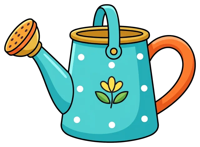 Blue watering can with orange handle and yellow flower design