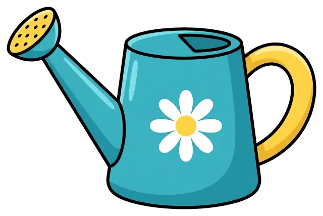 Blue watering can with yellow handle and white flower
