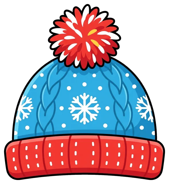 Blue winter hat with snowflake pattern and red pompom