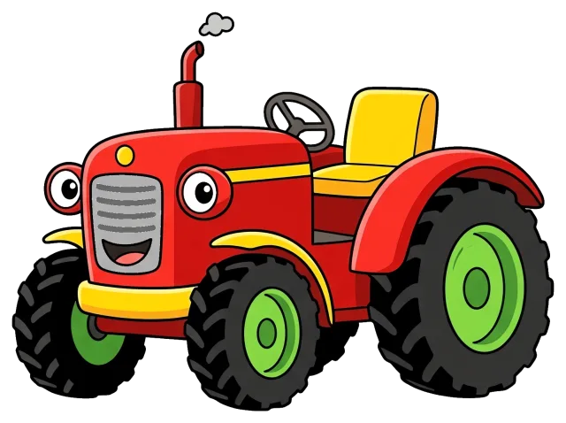 Cartoon red tractor with green wheels and yellow seat