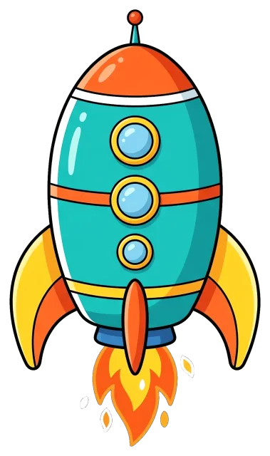 Cartoon rocket with orange flames on grey background