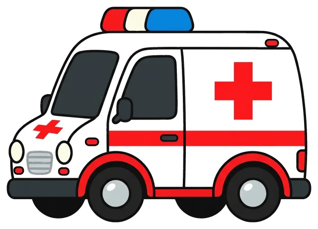 Cartoon style ambulance with red cross and emergency lights