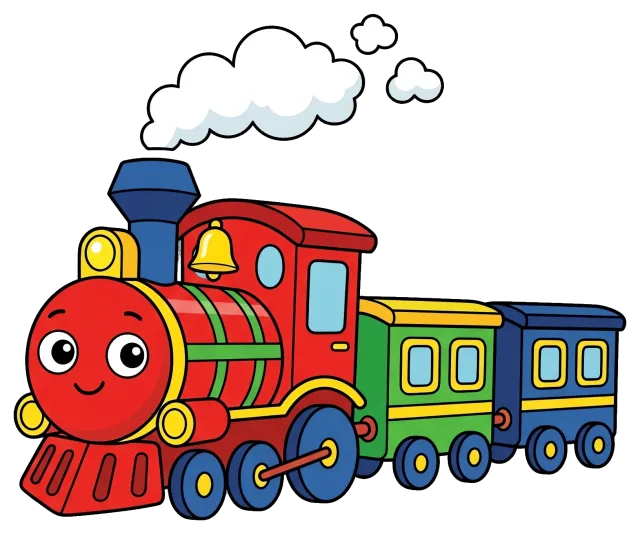Cartoon train with smiling face and colorful carriages