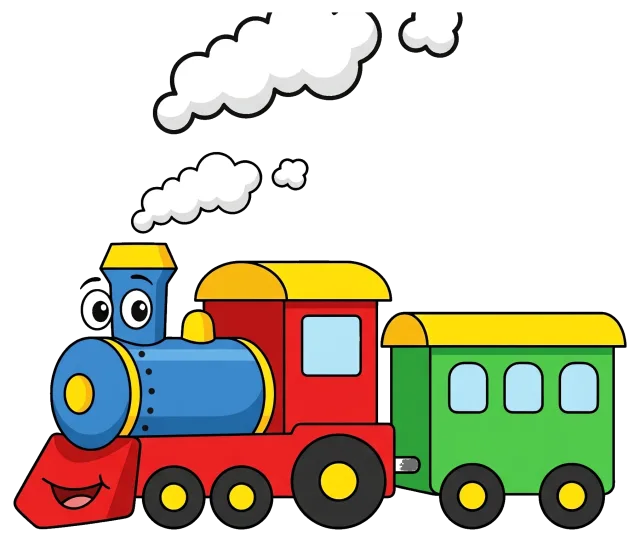 Cartoon train with smiling face and smoke on grey background
