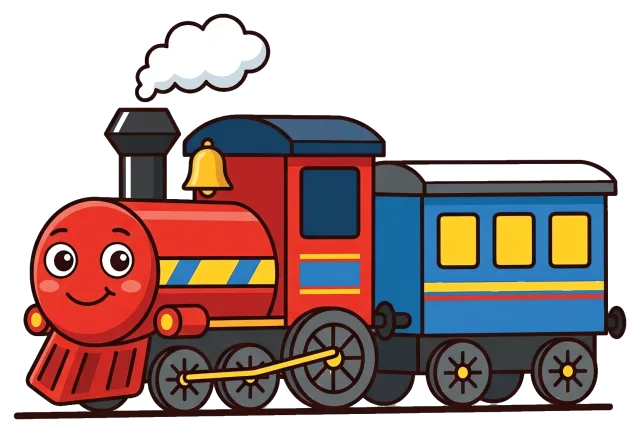 Cartoon train with smiling face on grey background