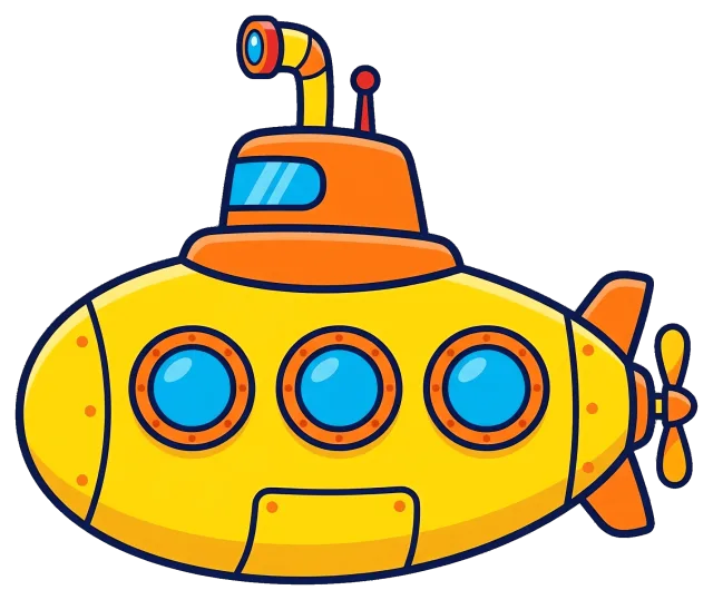 Cartoon yellow submarine with orange details and blue windows