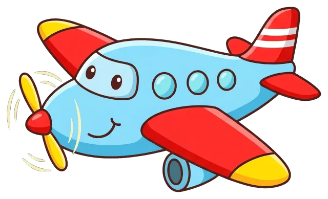 Colorful cartoon airplane with smiling face and spinning propeller
