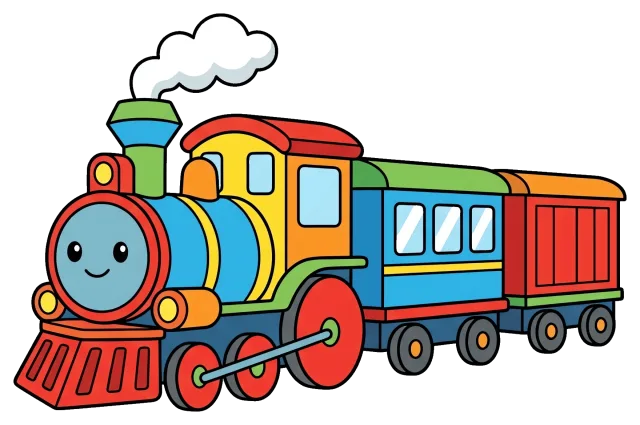 Colorful cartoon train with smiling face on grey background