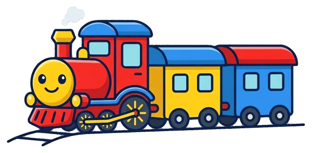 Colorful cartoon train with smiling face on grey background