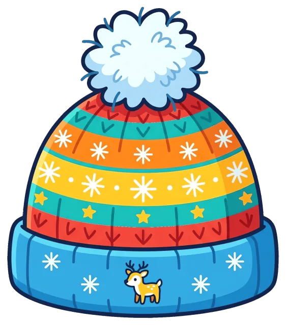 Colorful winter hat with pom-pom and reindeer design