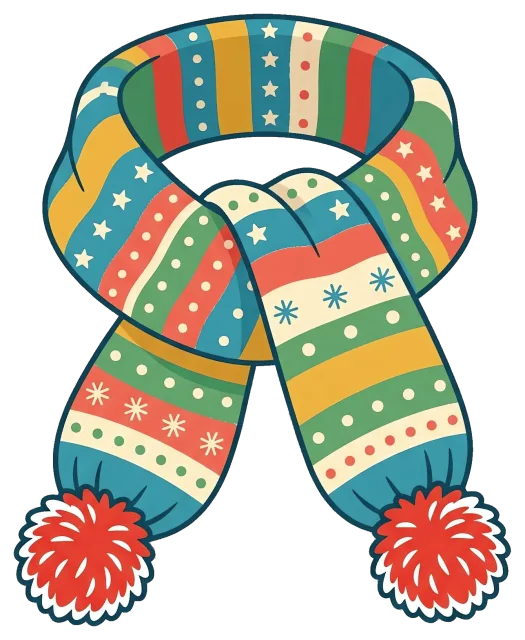 Colorful winter scarf with festive patterns and pom-poms