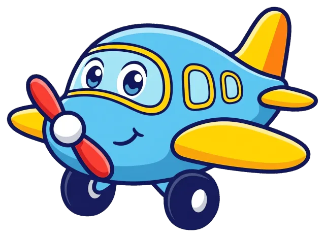 Cute blue and yellow cartoon airplane with smiling face