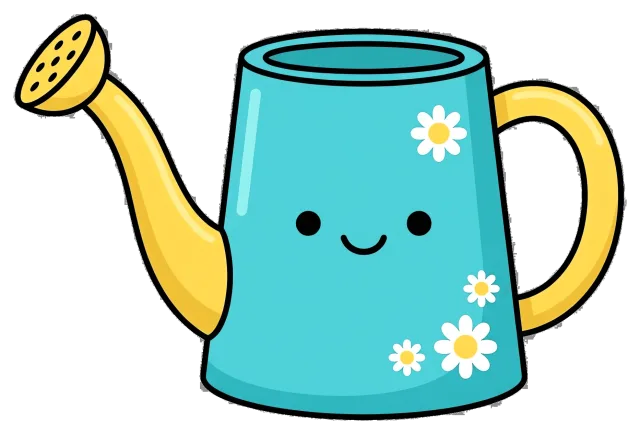 Cute blue watering can with yellow spout and daisy flowers