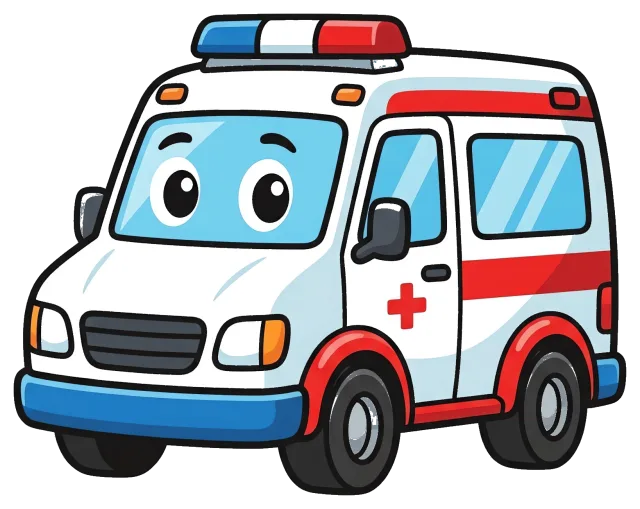 Cute cartoon ambulance with friendly face and red cross