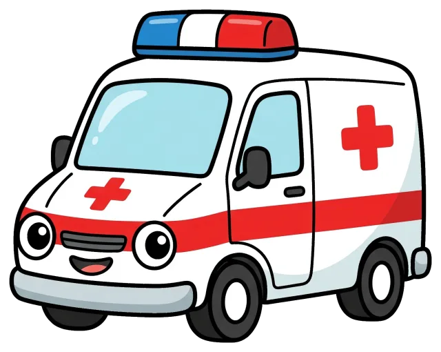 Cute cartoon ambulance with red cross and siren lights