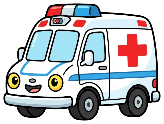 Cute cartoon ambulance with red cross and smiling face