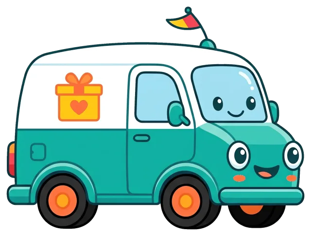 Cute delivery van with smiling face and gift box symbol