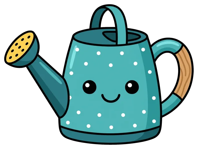 Cute teal watering can with white polka dots and smiling face