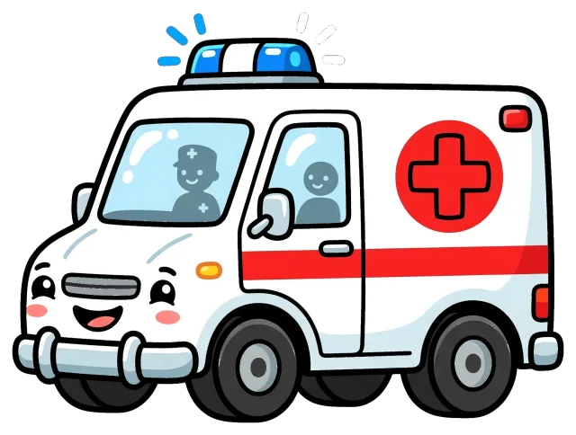 Friendly ambulance with medical staff inside and flashing lights