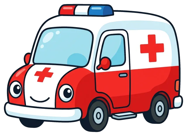 Friendly cartoon ambulance with red cross and siren lights