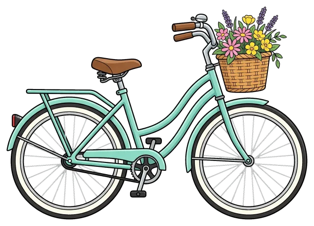 Light blue bicycle with flower basket on handlebars