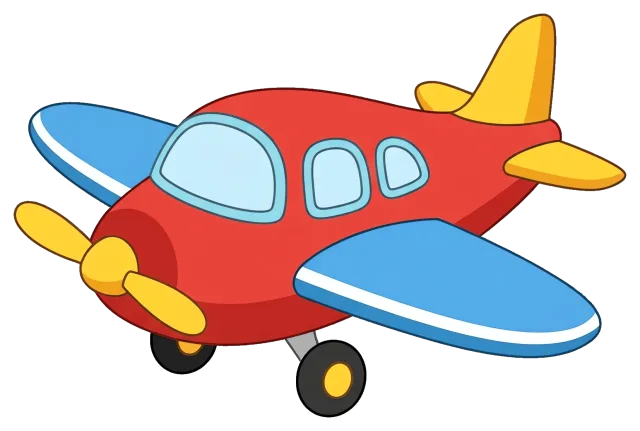 Red and blue cartoon airplane with yellow propeller and tail