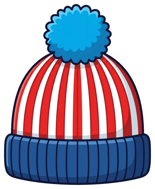 Red and white striped winter hat with blue pompom