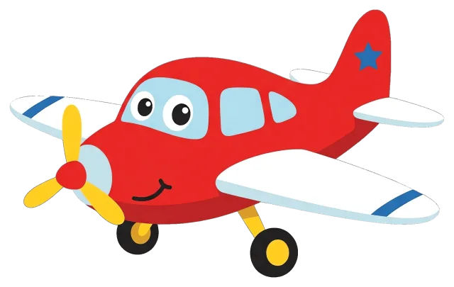 Red cartoon airplane with smiling face and yellow propeller