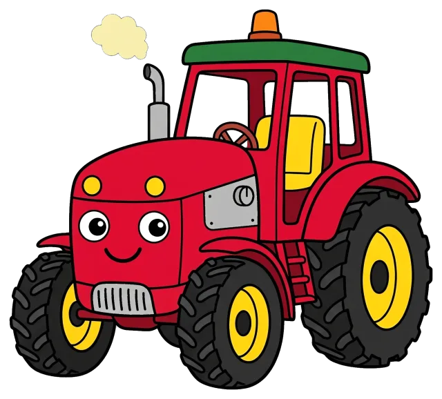 Red cartoon tractor with smiling face and smoke puff