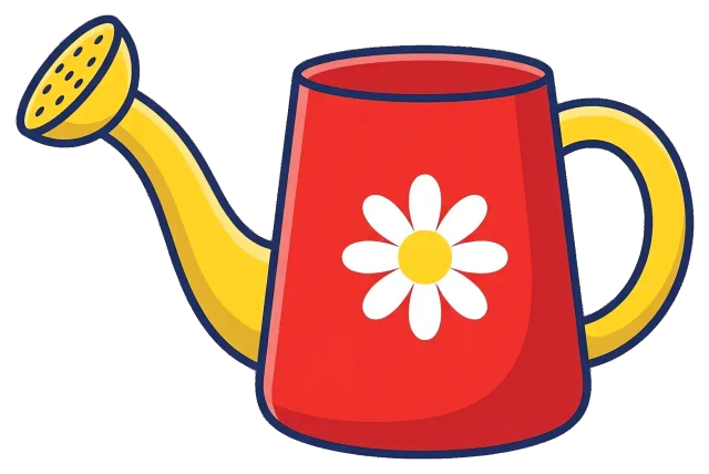 Red watering can with yellow spout and daisy flower