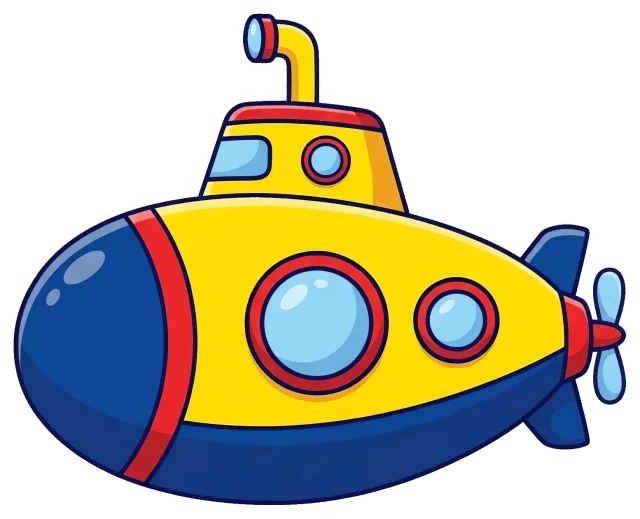 Yellow and blue cartoon submarine with portholes and propeller