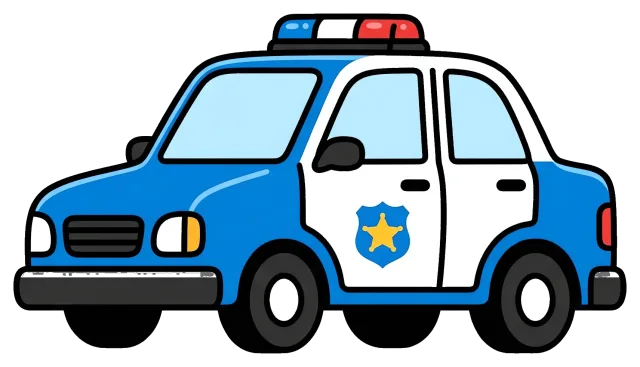 Blue and white police car with red and blue lights