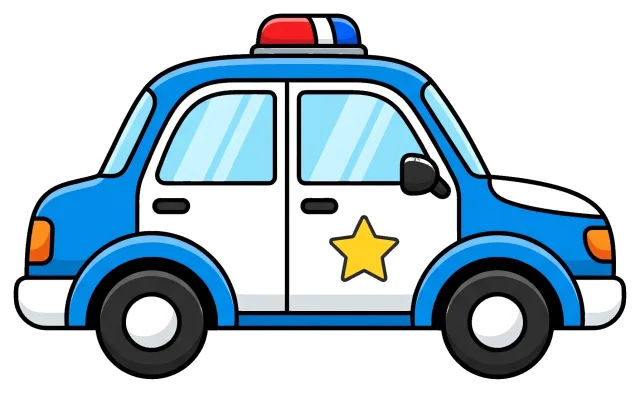 Blue and white police car with red and blue siren