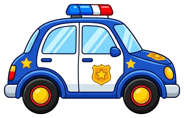 Blue and white police car with red and blue siren lights