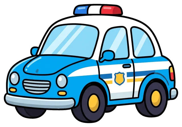 Blue and white police car with red and blue siren lights