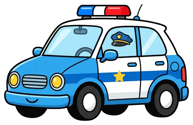 Blue and white police car with siren and badge