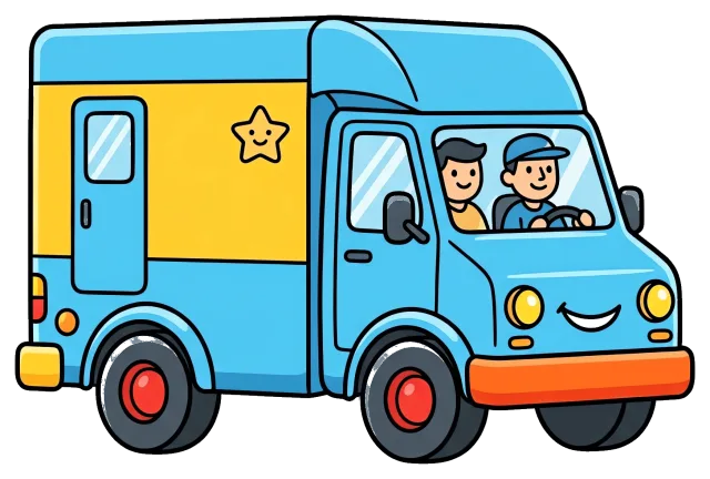 Blue and yellow delivery van with smiling drivers