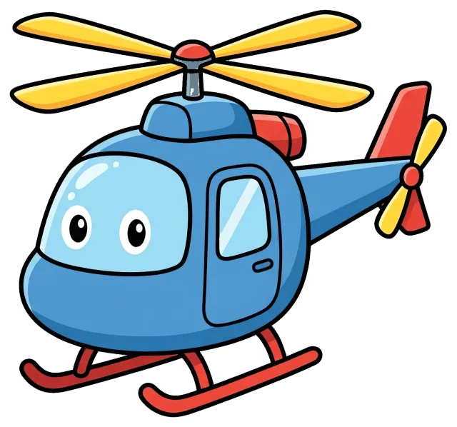Blue cartoon helicopter with yellow rotors and red skids