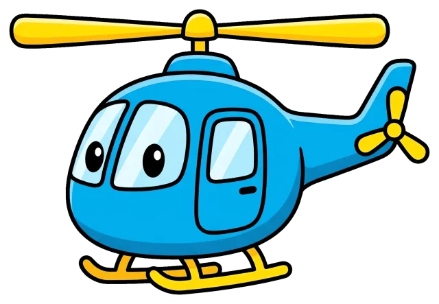 Blue cartoon helicopter with yellow rotors and skids