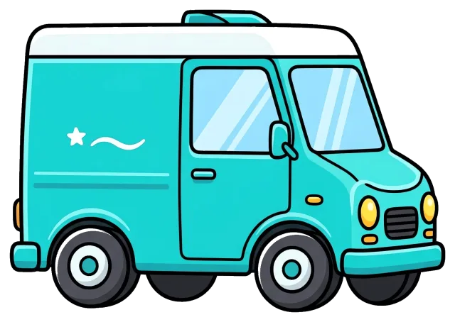 Blue delivery van cartoon illustration with star design
