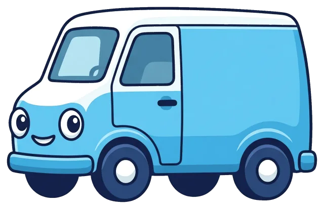 Blue delivery van with smiling face in cartoon style