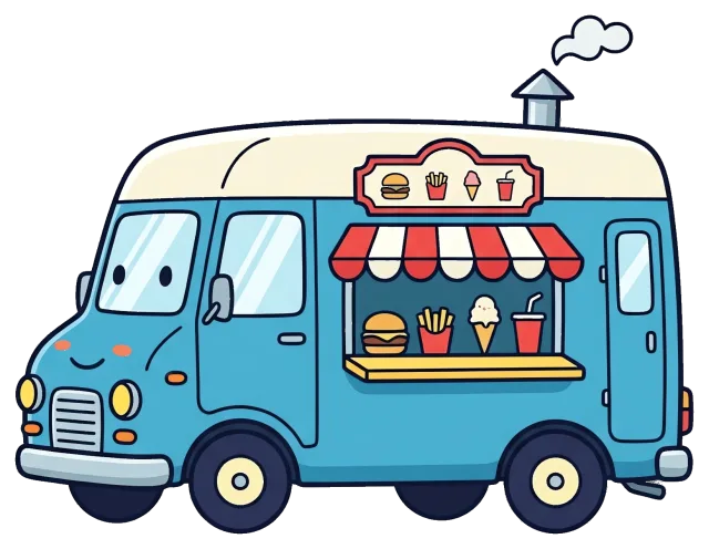 Blue food truck with burger, fries, ice cream, and drink