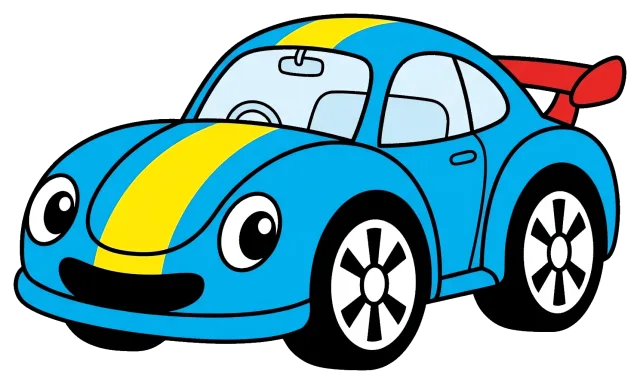 Blue race car with yellow stripe and red spoiler