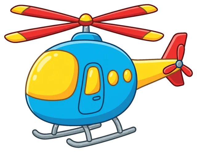Colorful cartoon helicopter with red rotors and yellow windows