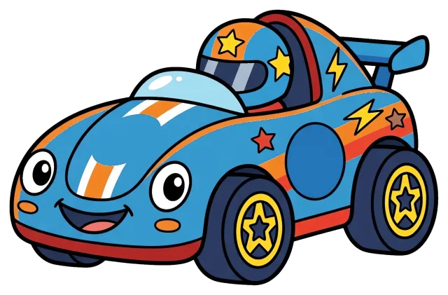 Colorful cartoon race car with smiling face and stars