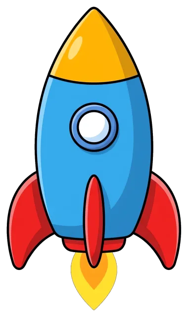 Colorful cartoon rocket with yellow nose and red fins