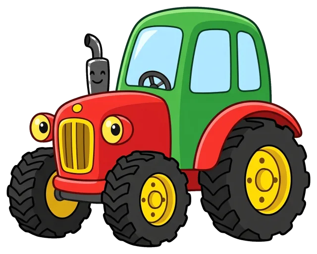 Colorful cartoon tractor with green cabin and red body