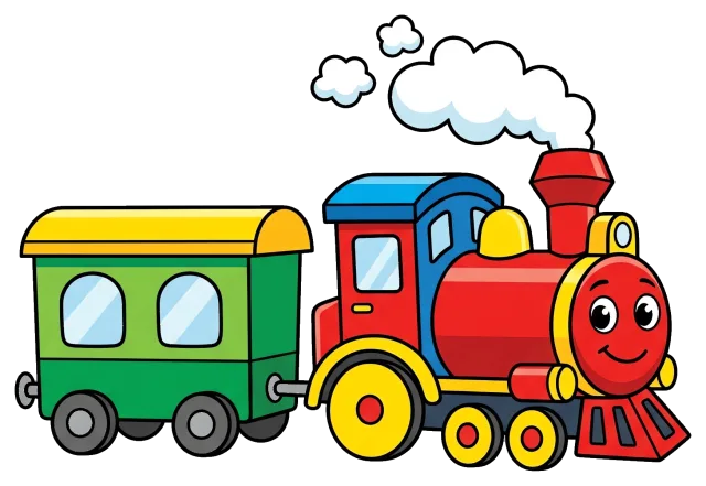 Colorful cartoon train with one green carriage and smoke