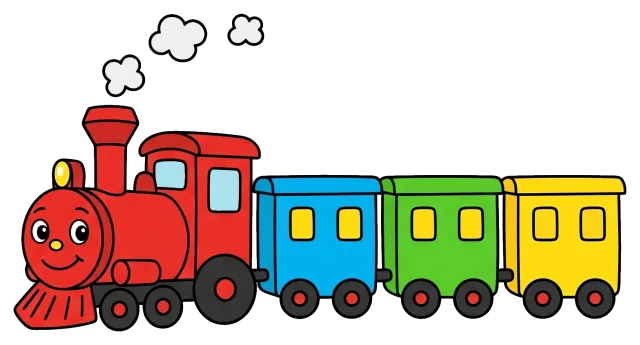 Colorful cartoon train with red engine and three carriages
