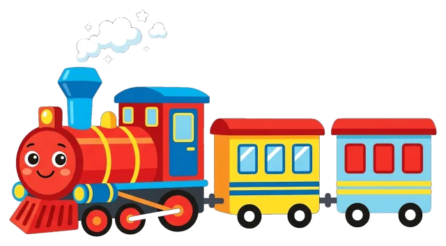 Colorful cartoon train with two passenger cars on grey background